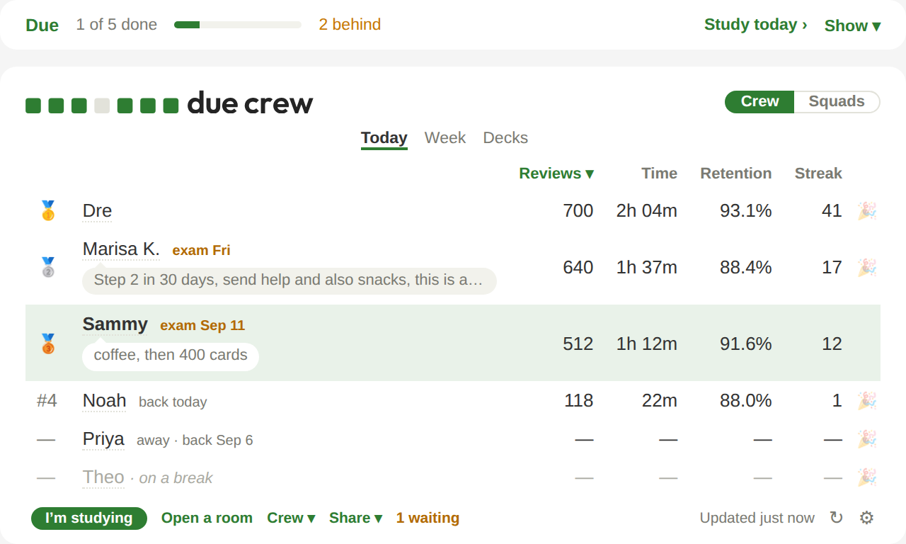 The Due Crew board on Anki's Decks screen